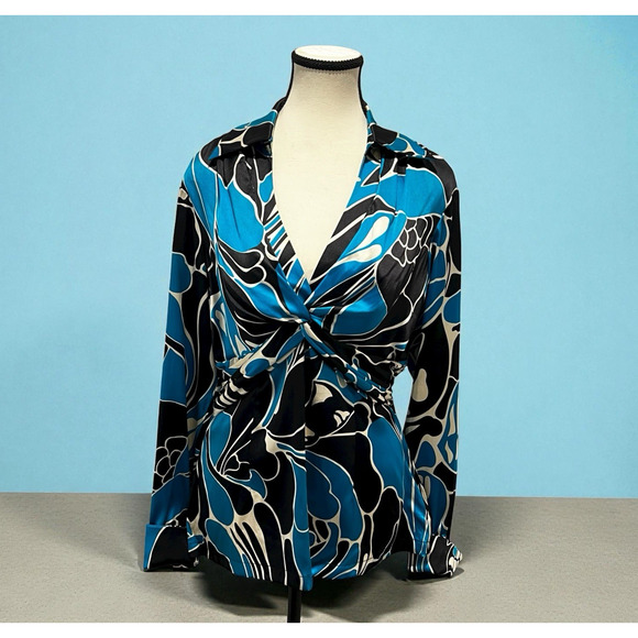Vtg 90s Y2k Cache Silk Blend Blue Black Artsy Long Sleeve Blouse Cross Front L - Picture 1 of 10